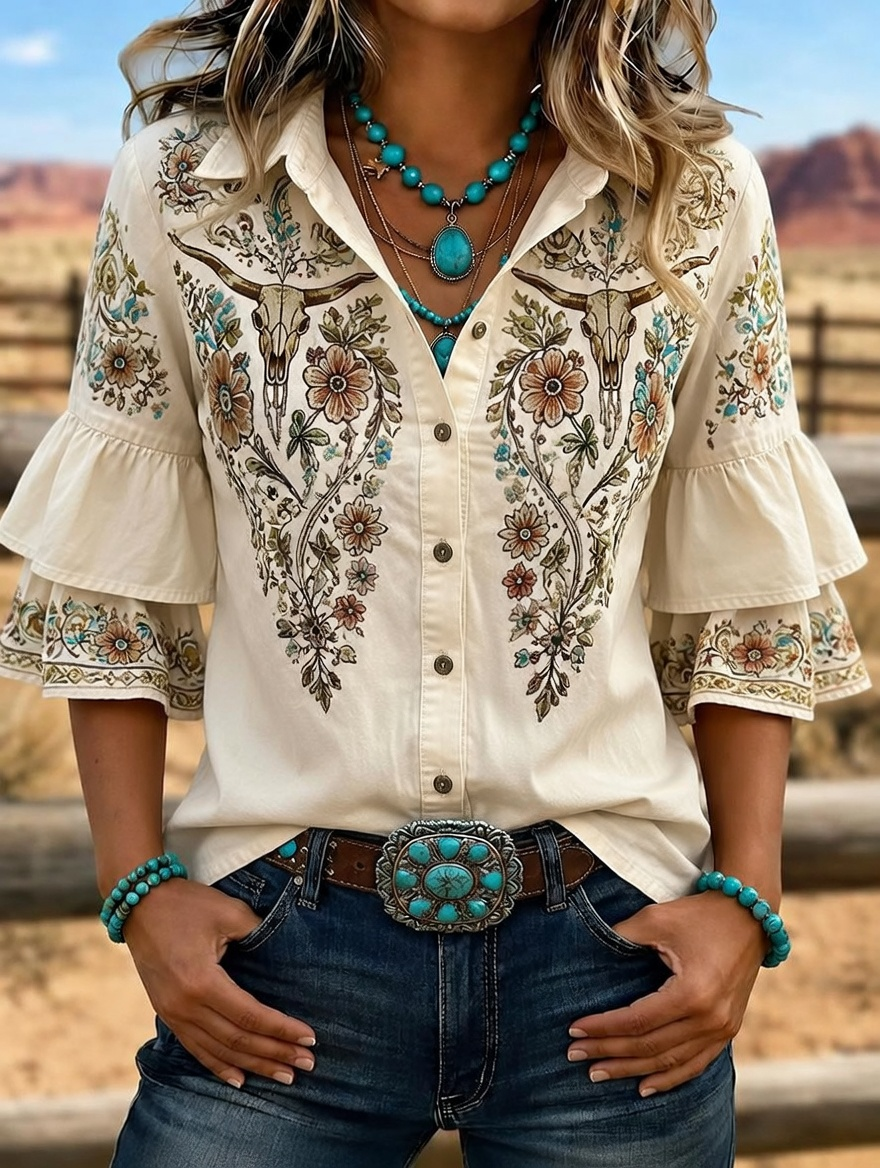 Women's Western Bull Skull Embroidered Ruffle Sleeve Shirt