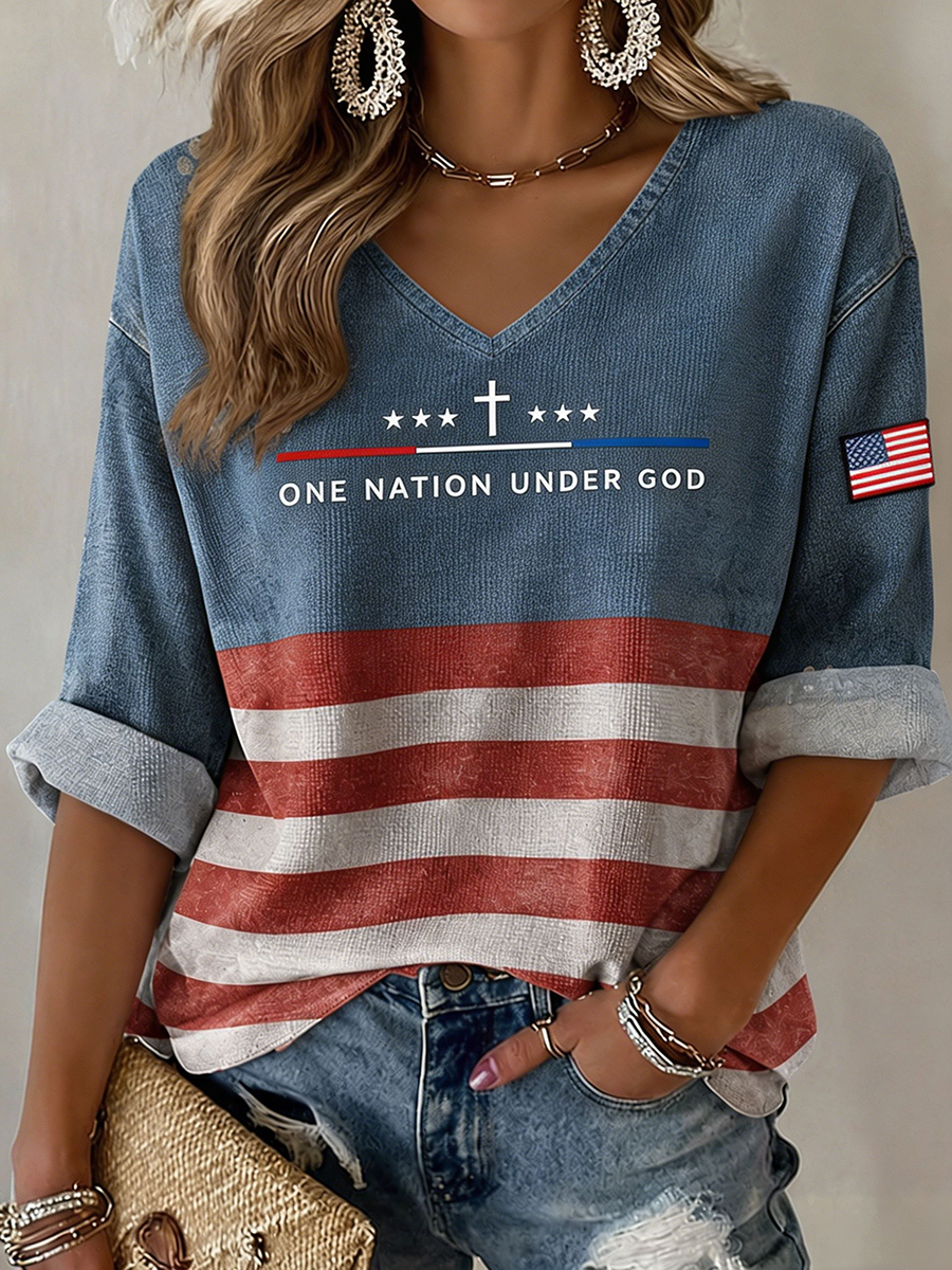 Women's One Nation Under God Cross Star American Flag Striped Roll Cuff V-Neck Loose Blouse