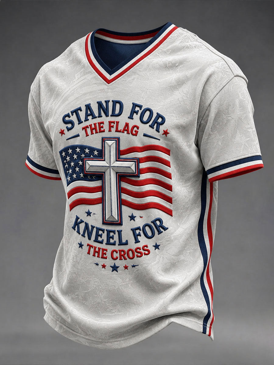 Men's STAND FOR THE Flag KNEEL FOR THE Cross V-neck T-shirt