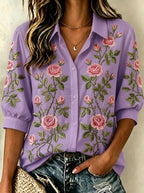 Women's Breast Cancer Awareness Pink Rose Floral Embroidered Button-up Shirt