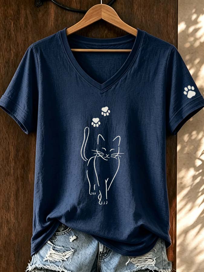 Women'S Cat Printed V-Neck T-Shirt