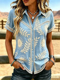 Women's Vintage Western-style Floral Embroidery Art Cotton-linen Blend Shirt