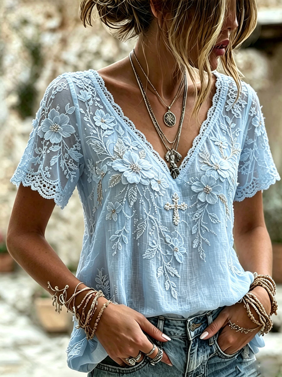 Women'S Cotton And Linen Floral Faith Casual Top