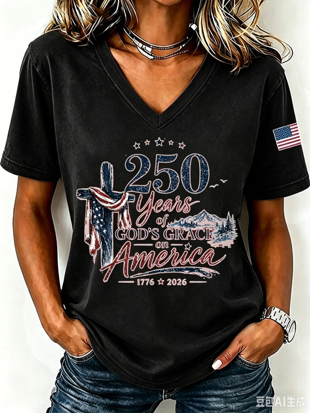 Women'S American Flag Cross Printed Casual V-Neck T-Shirt