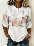 Women'S Retro Faith Flower Art Cotton And Hemp Printing Design Casual T-Shirt