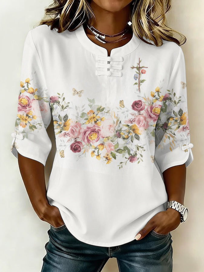 Women'S Retro Faith Flower Art Cotton And Hemp Printing Design Casual T-Shirt