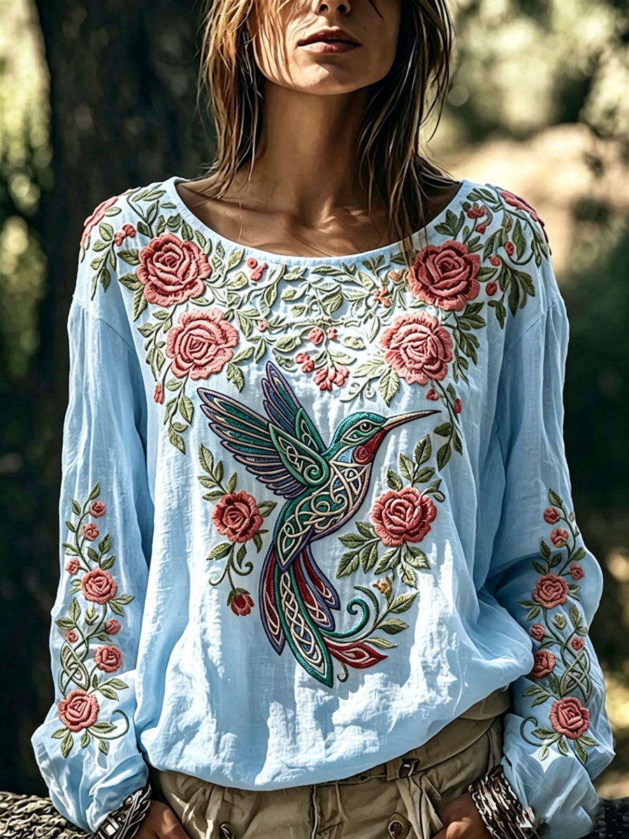 Women's Hummingbird Floral Cotton Linen Top