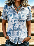 Women's Western Blue Geometric Tile Print Collared Short Sleeve Button Down Shirt