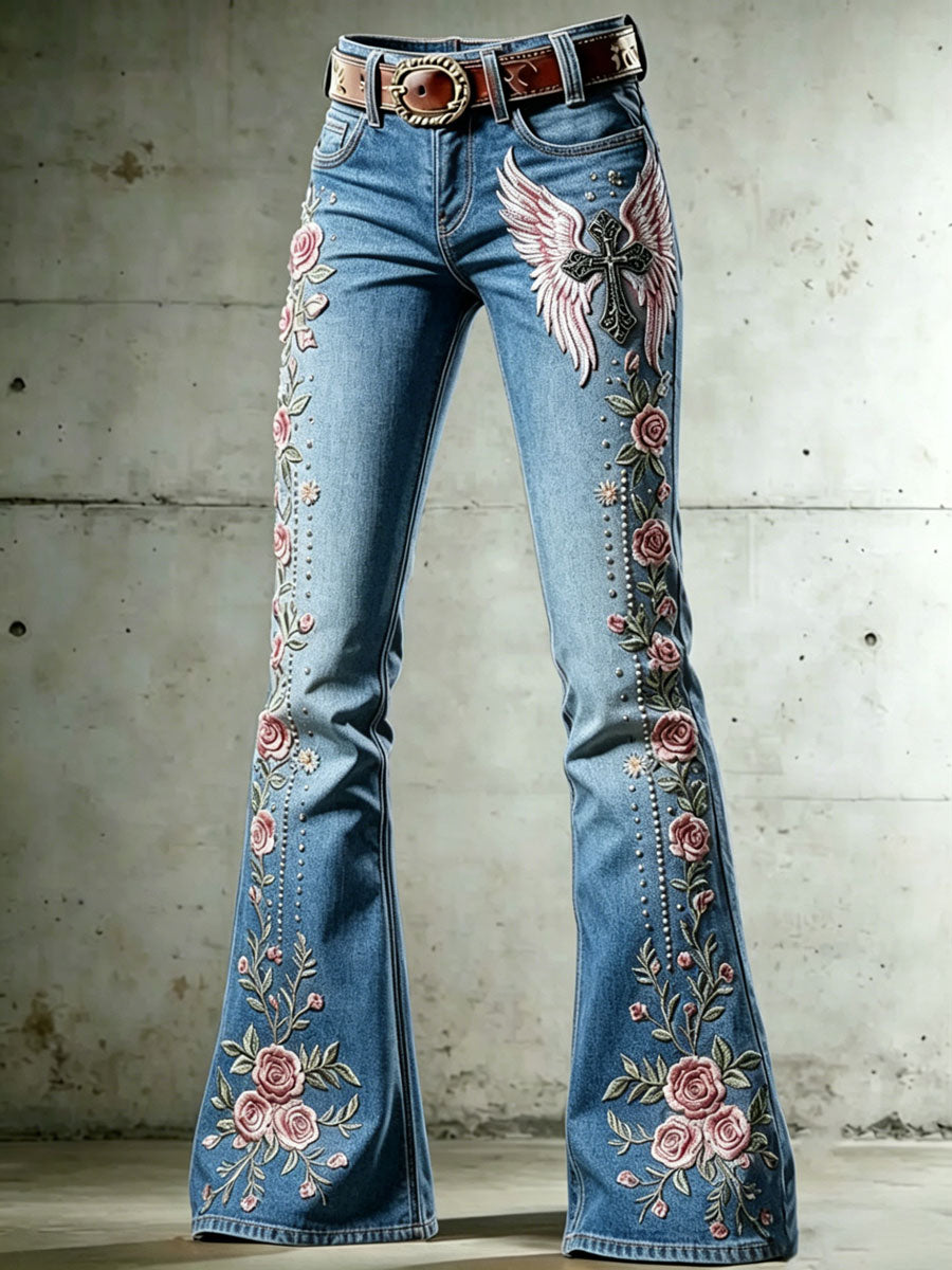 Ladies' Casual Trumpet Pants With Floral Wings And Cross Pattern