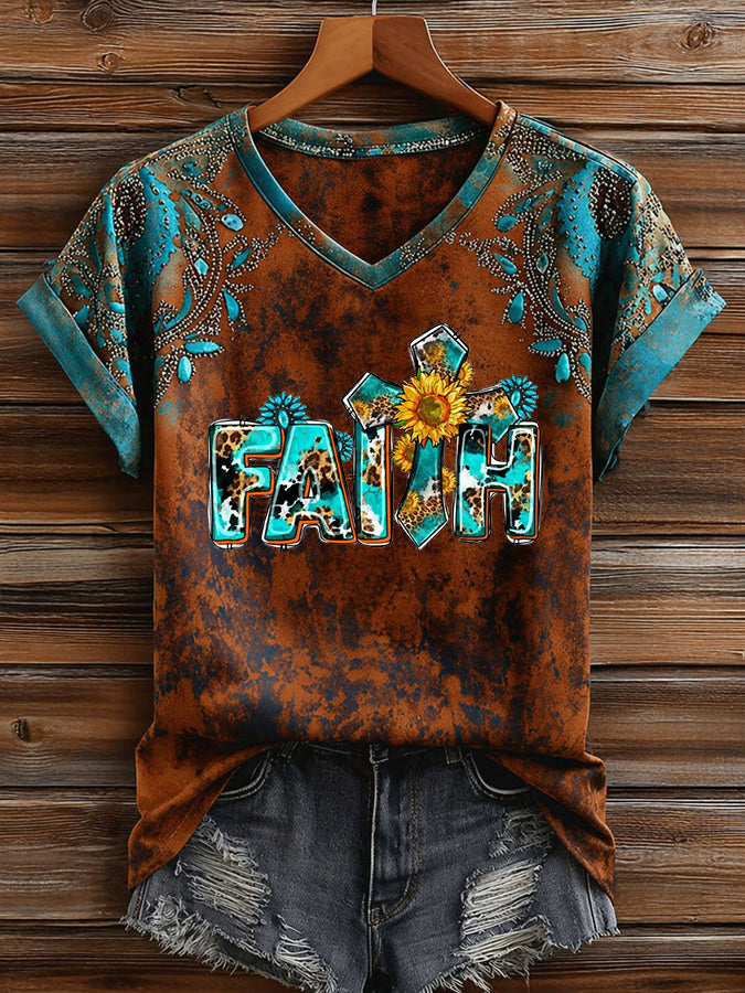 Vintage Western Cross Print Casual Short Sleeve T-shirt