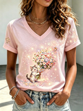Women's Crystal-embellished cat print design short-sleeved T-shirt