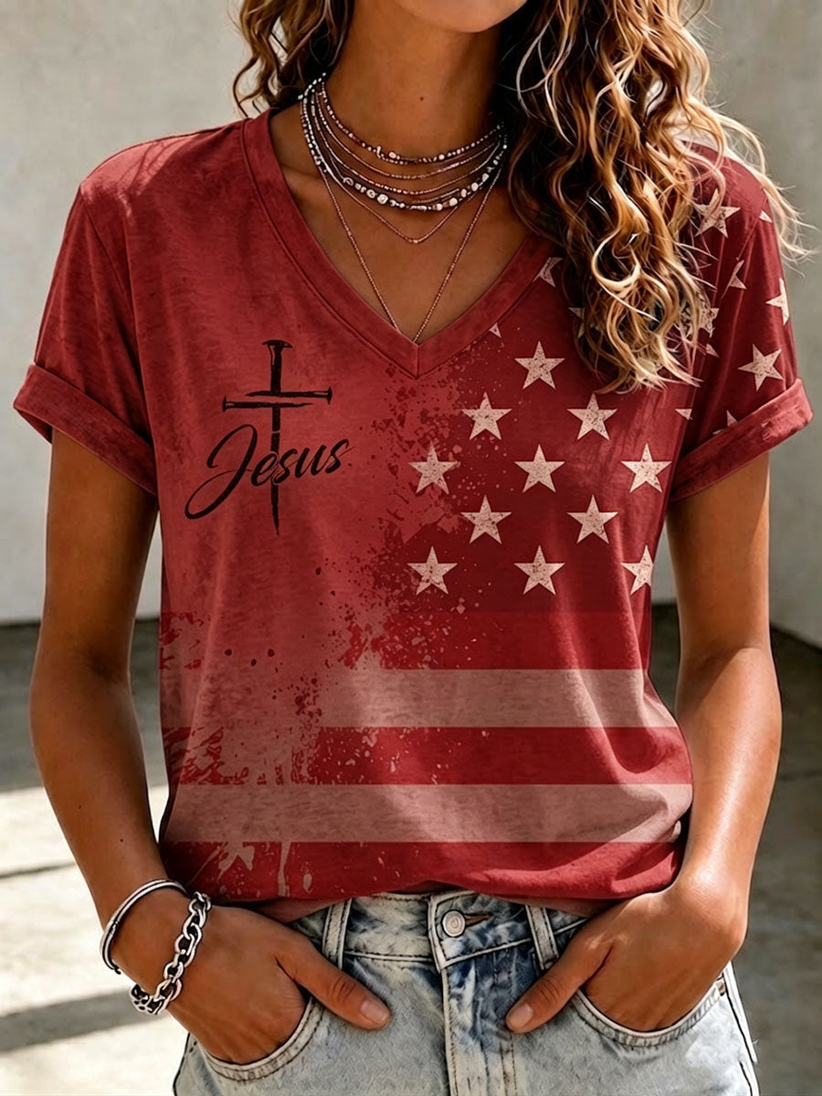 Women's Independence Day Cross Faith V-neck T-shirt