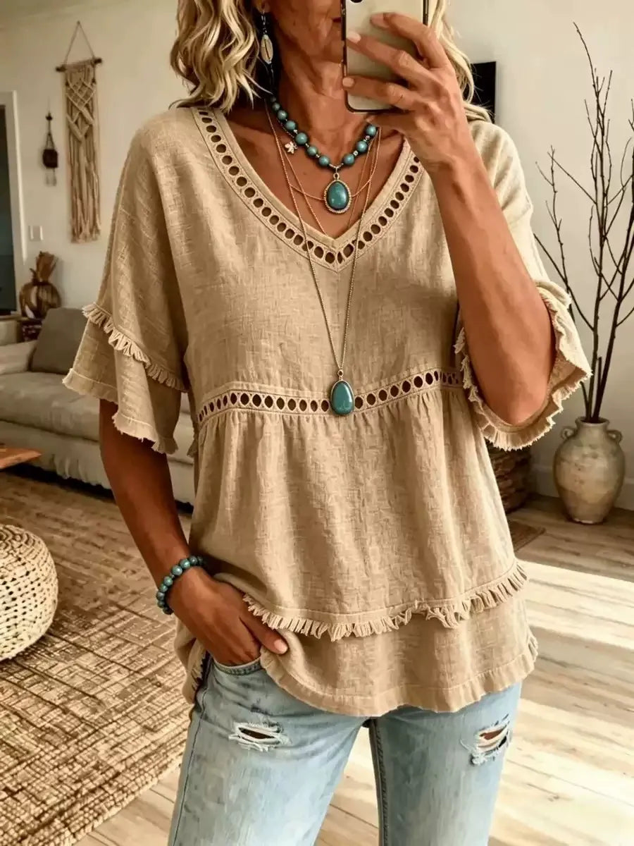 Women'S Casual V-Neck Solid Color Multi-Color Short Sleeved Shirt