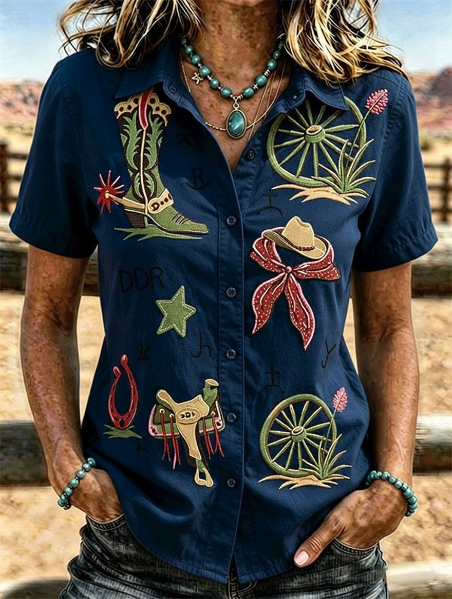 Cowboy Boot Horseshoe Embroidery Western Short Sleeve Shirt