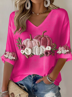 Women'S Pink Embroidered Pumpkin Flowers  Print Waffle  Top