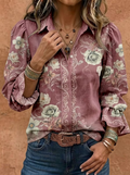 Vintage Floral Art Print Lapel Puff Sleeve Ruffle Shirt