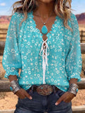 Women's Vintage Floral Print Casual Ruffle Tie-Up Shirt
