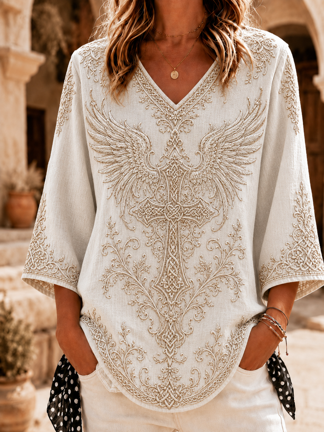 Women'S Cross Angel Wings Printed V Neck 3/4 Sleeve Casual Tee