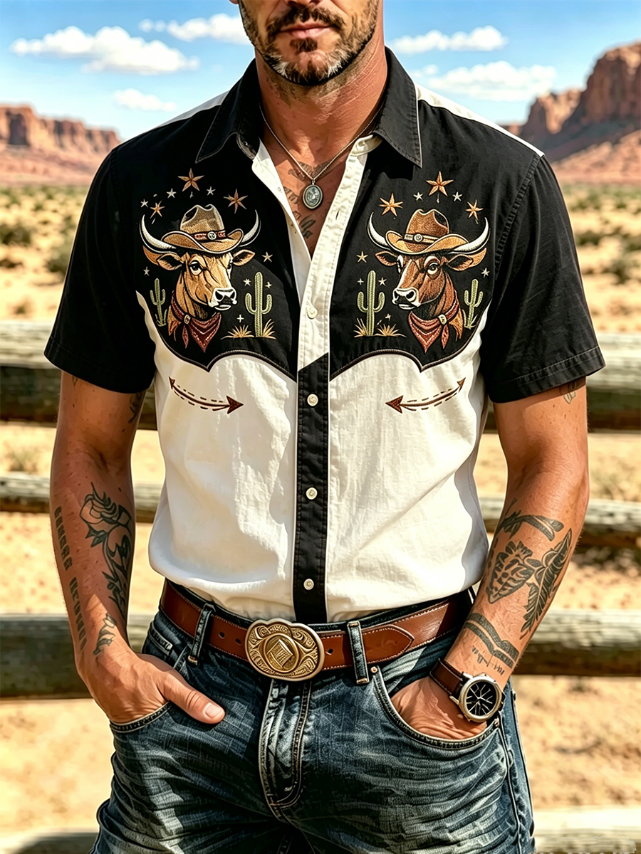 Men'S Western Retro Embroidered Short Sleeved Shirt