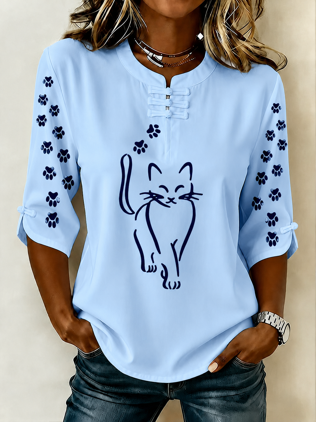 Women'S Elegant Cat Casual Button Top