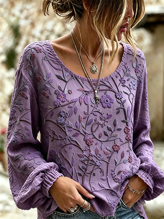 Women's printed purple artistic round neck shirt