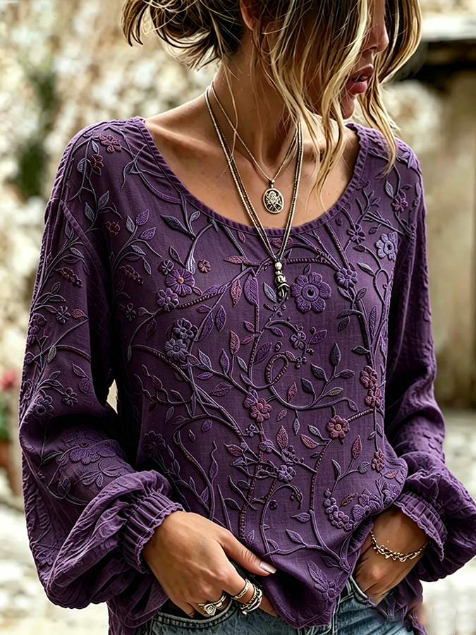 Women's printed purple artistic round neck shirt