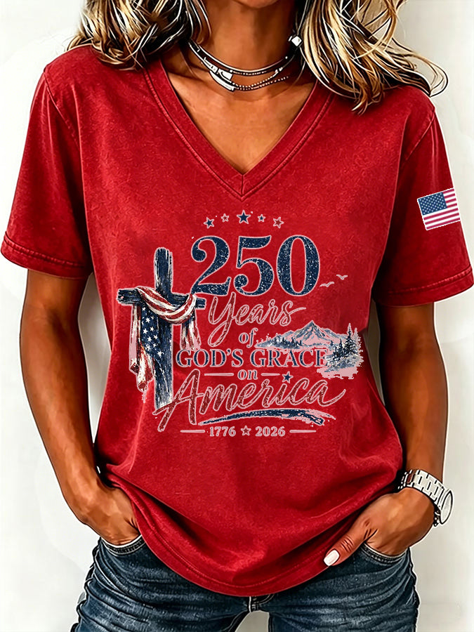 Women'S American Flag Cross Printed Casual V-Neck T-Shirt