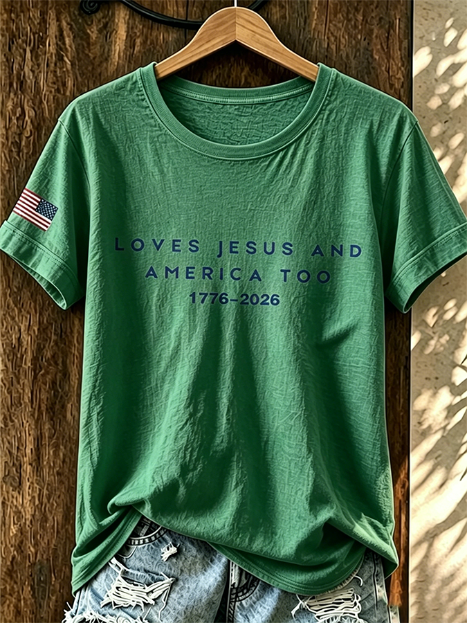 Women's Love for Jesus American Flag Cross Color Short Sleeved T-Shirt