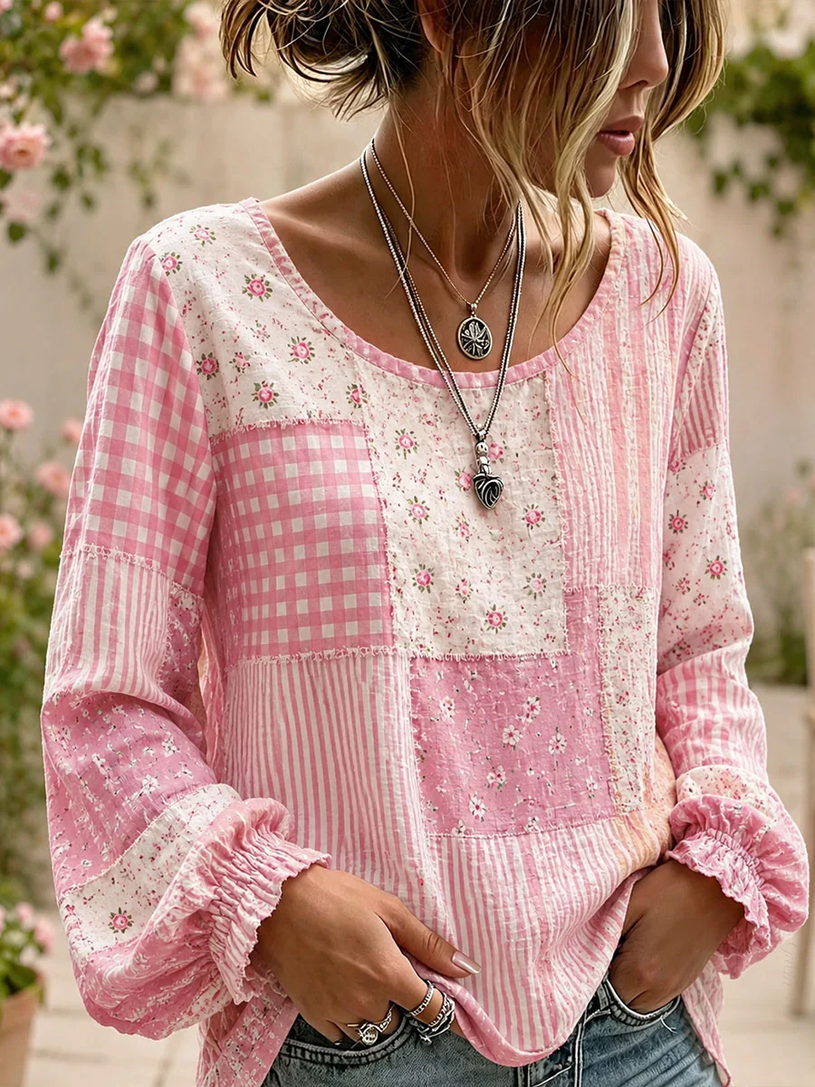 Women'S Pink Floral Patchwork Art Cotton Linen Shirt