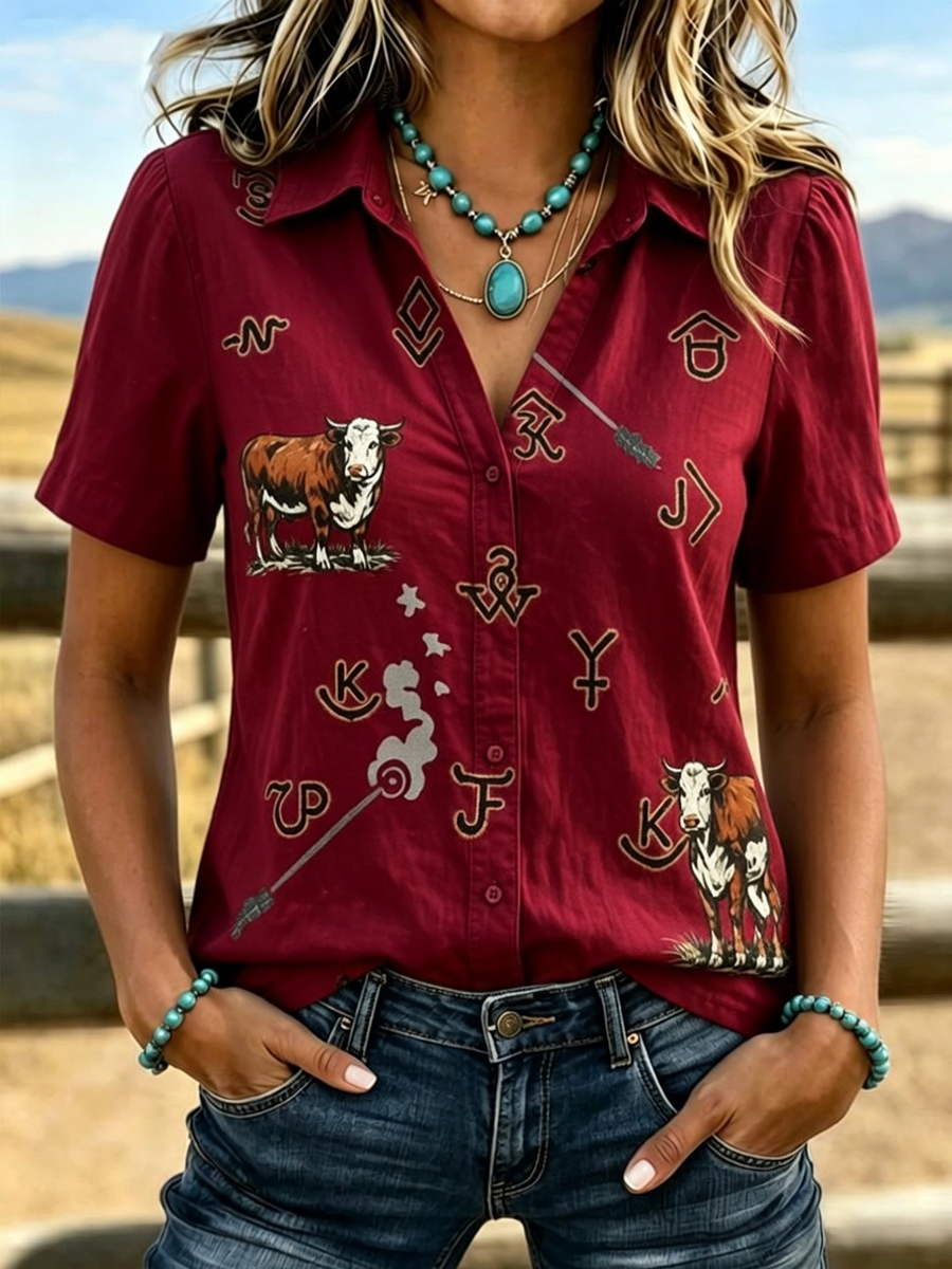 Women'S Retro Western Style Printed Short Sleeved Shirt