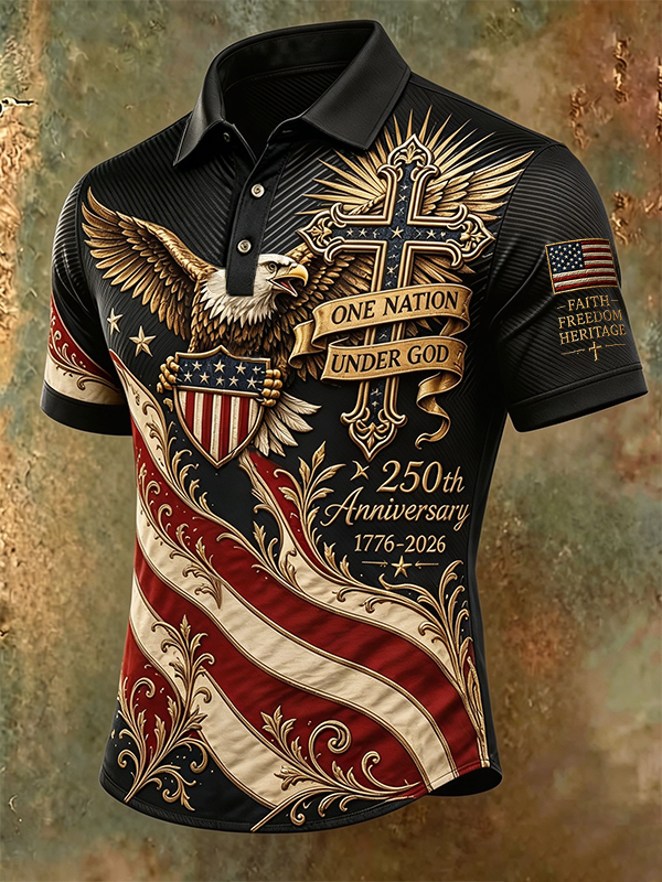 Men's Vintage Patriotic Eagle Cross USA 250th Anniversary American Flag Polo Shirt