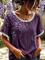 Women'S Floral Cotton Linen Lace Lace Short Sleeved Shirt