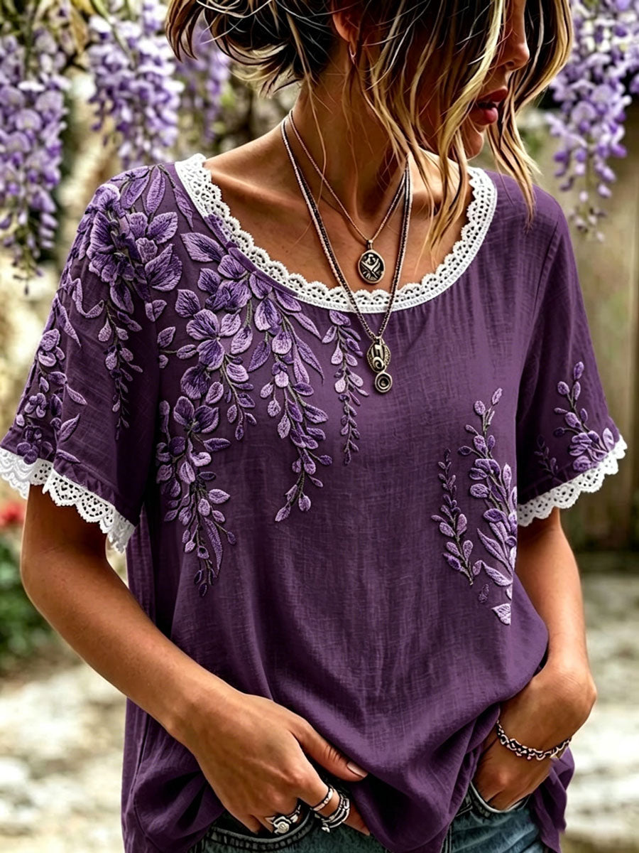 Women'S Floral Cotton Linen Lace Lace Short Sleeved Shirt