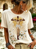 Women's Faith Casual Printed Cotton And Linen Round Neck Top