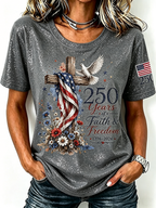 American Flag Cross Jesus Sequin Print Round Neck Top