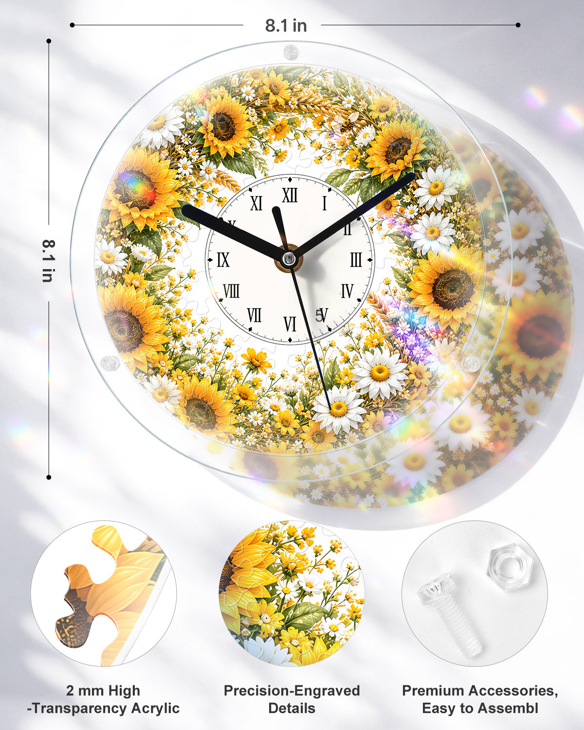DIY Acrylic Puzzle Clock Kit - Golden Sunflower Field