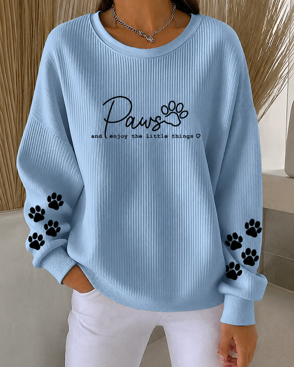Women'S Cat Printed Ribbed Round Neck Sweatshirt