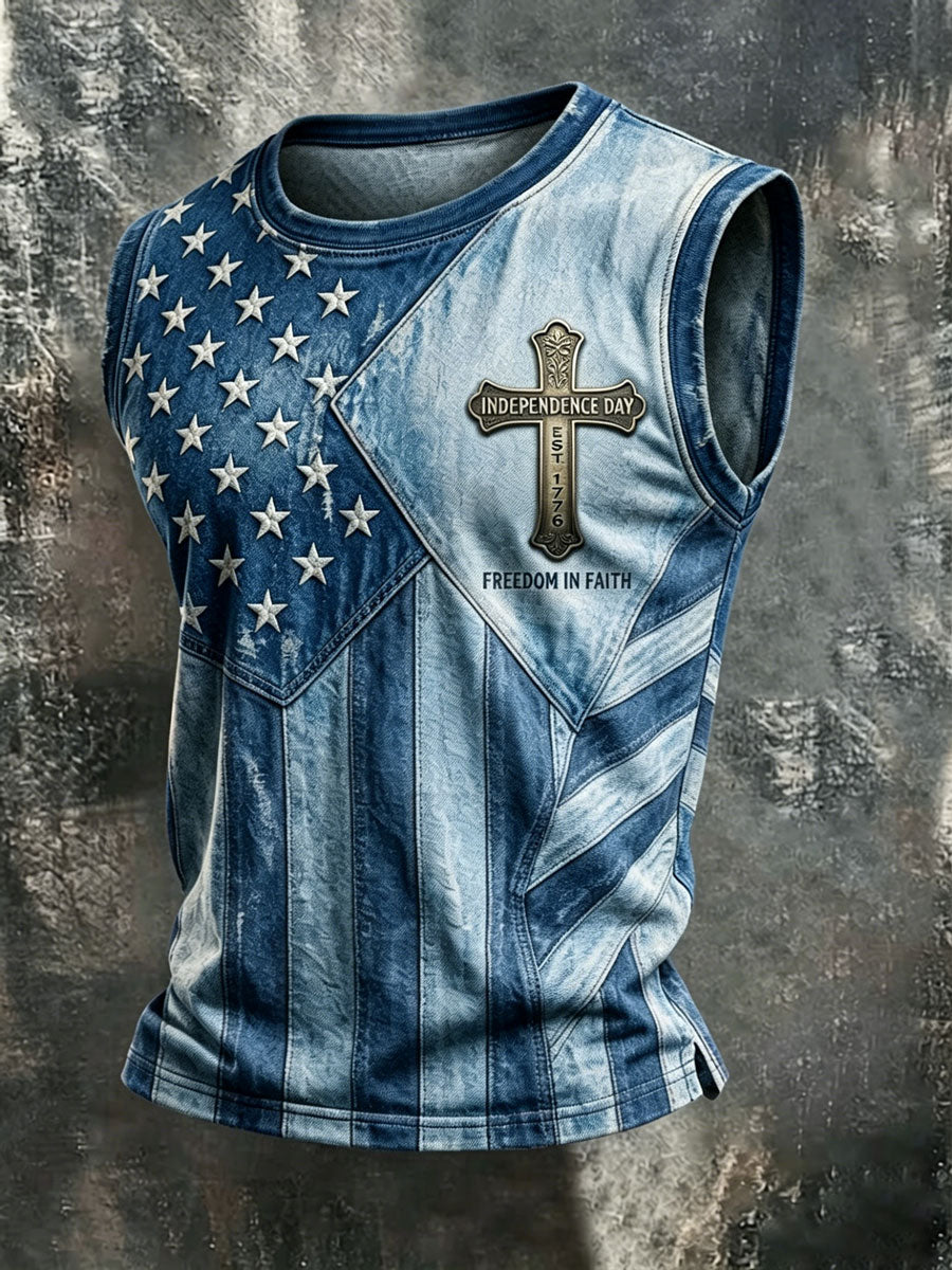 Men'S Retro Independence Day Faith Patriot Crew Neck Tank Top