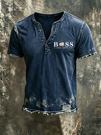 Men'S Casual Logo Cotton And Linen Henry Short Sleeved Shirt