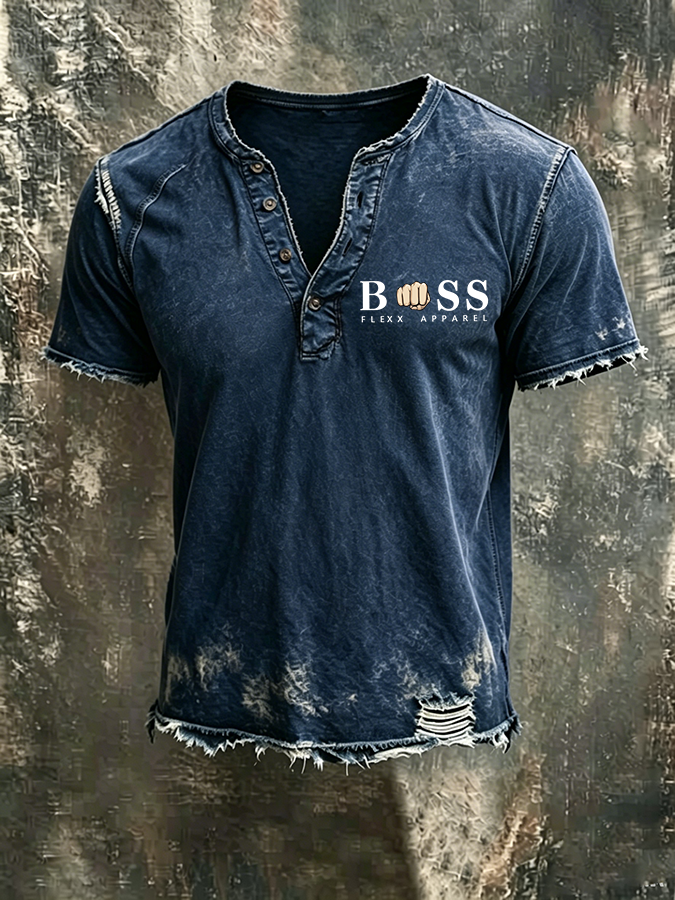 Men'S Casual Logo Cotton And Linen Henry Short Sleeved Shirt
