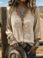 Women's Floral Embroidered Lace-Up Western Blouse