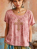 Women's Vintage Cotton-Linen Top with Wing and Cross Motif