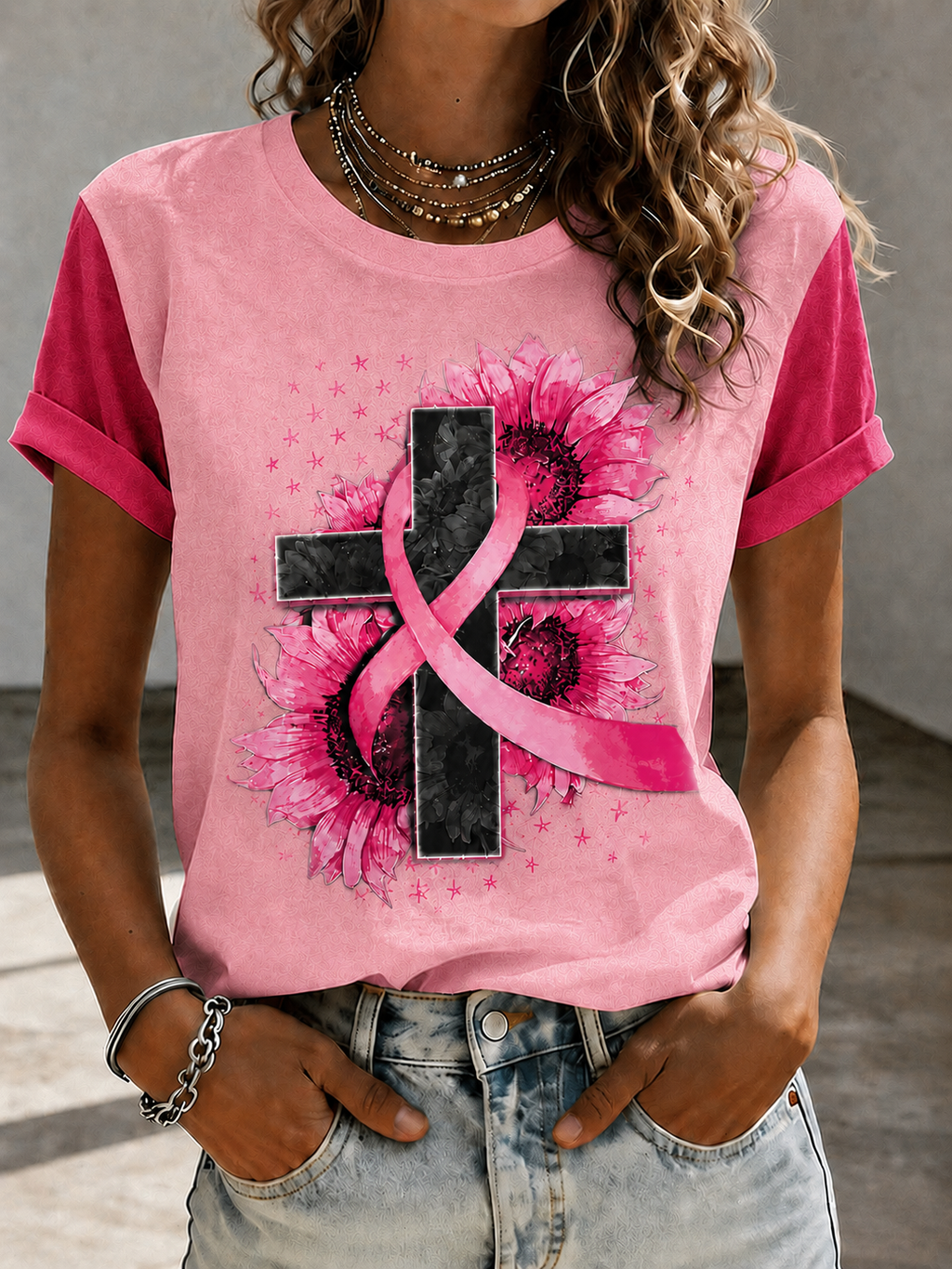Women'S Faith Breast Cancer Publicity Print Short Sleeve T-Shirt