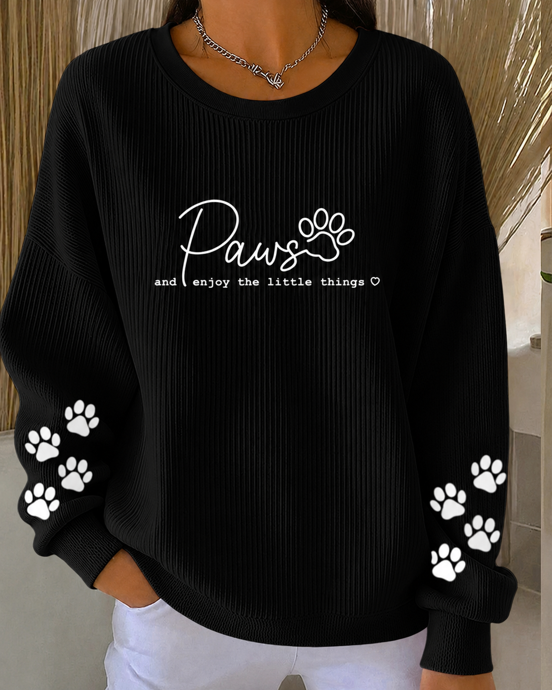 Women'S Cat Printed Ribbed Round Neck Sweatshirt