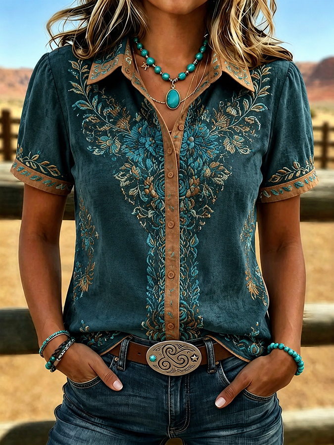 Women's Retro Western Art Printed Shirt