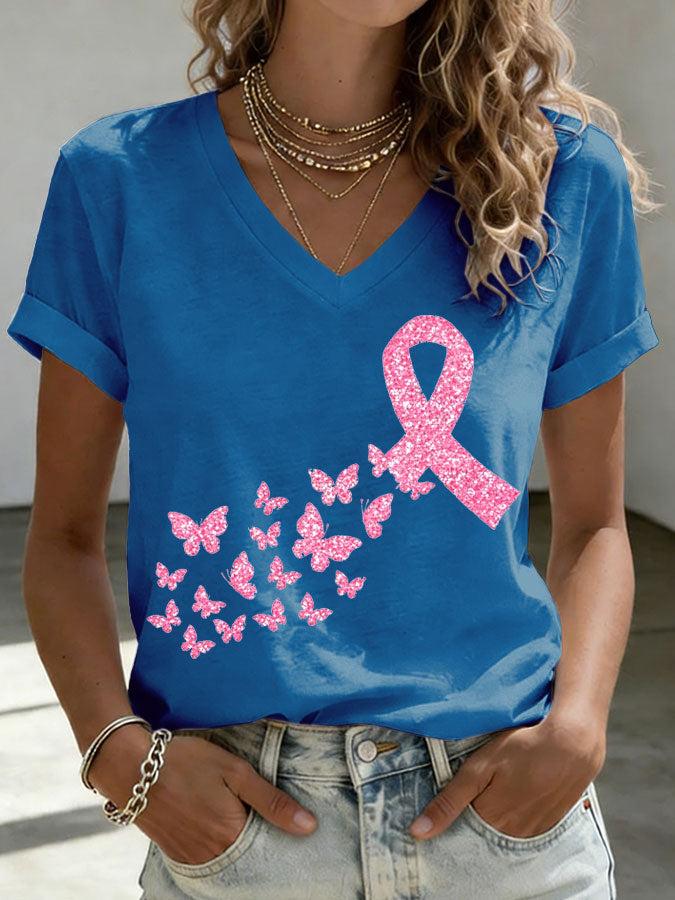 Women'S Pink Ribbon Print Printed T-Shirt