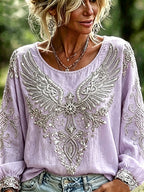 Women's Cotton-Linen Floral Top with Vintage Wing and Cross Print