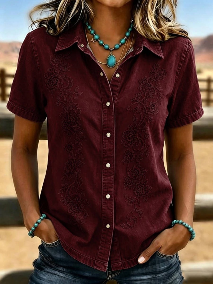 Women'S Retro Western-Style Print Short-Sleeved Shirt