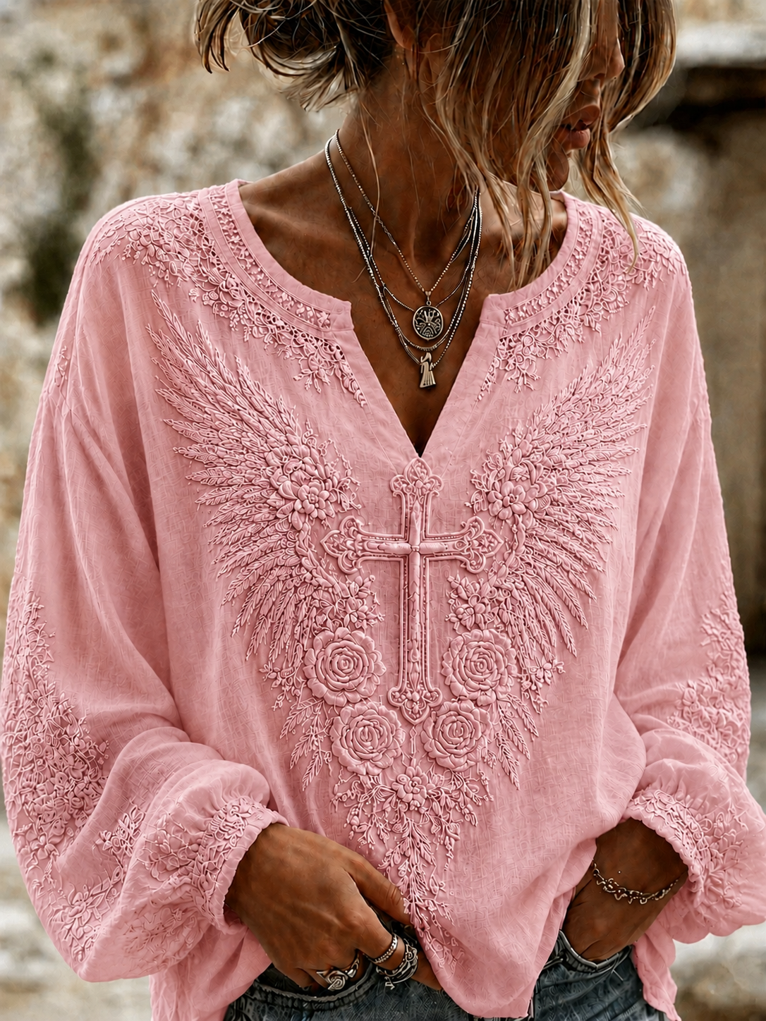 Women'S Cross Angel Wings Printed Casual Top