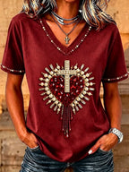 Women's Christian Cross Bead Embroidery Art T-Shirt